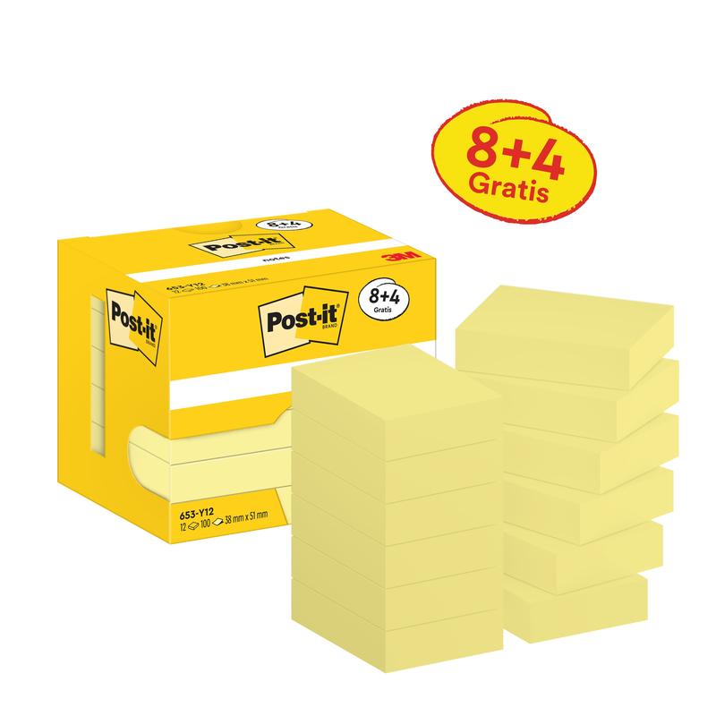 A yellow box with 3M Post-it® Notes Yellow (38 mm x 51 mm, 8 pads + 4 free) stands next to twelve stacks of sticky notes.