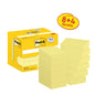 A yellow box with 3M Post-it® Notes Yellow (38 mm x 51 mm, 8 pads + 4 free) stands next to twelve stacks of sticky notes.
