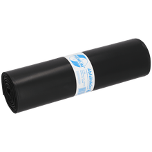 A rolled-up EMIL DEISS KG (GmbH + Co.) garbage bag with the inscription "DEISS 15006 - 700x1100 mm Type 100 black | Roll (25 pieces)" with a white-blue band in the middle, on a white background.