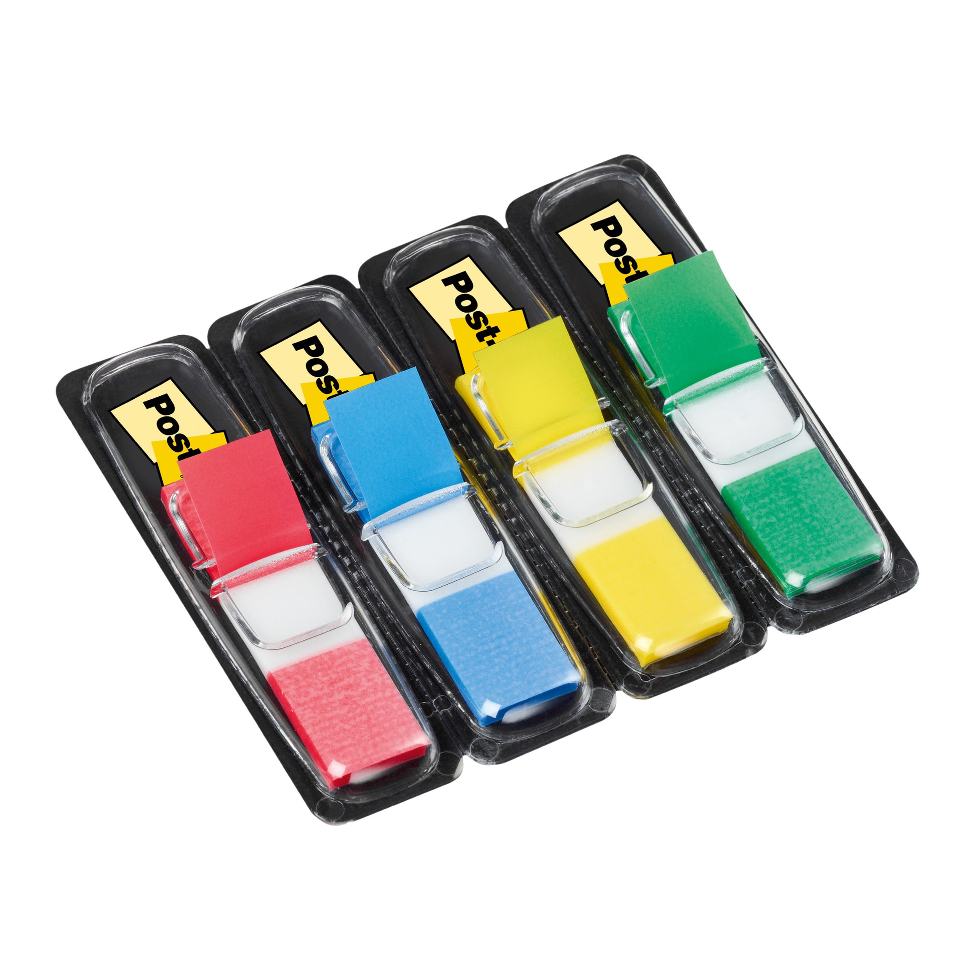Vier Packungen 3M Post-it® Index Haftstreifen Mini (11,9 mm x 43,2 mm, 35 Streifen/Spender) in roten, blauen, gelben und grünen Kunststoffspendern sind diagonal auf einem weißen Hintergrund angeordnet.