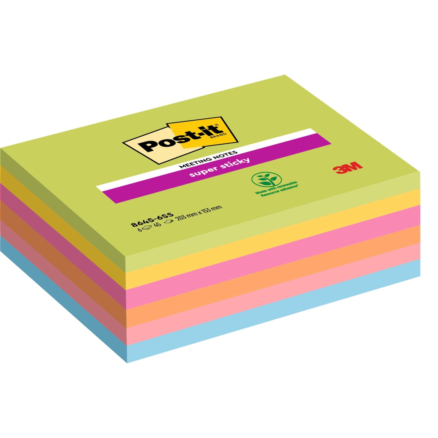 A pack of 3M Post-it® Super Sticky Meeting Notes, various colors, 203 x 153 mm, 45 sheets per pad, 6 pads per pack, by 3M Deutschland GmbH; PEFC certified (SGSCH-PEFC-COC-110078), packaging with product information.