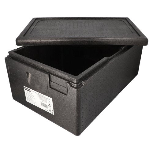 Der schwarze Starpak Isolier-Transportbehälter, EPP 60 cm x 40 cm „Gastro-Norm 1/1“, verfügt über einen teilweise geöffneten Deckel, der den leeren Innenraum zeigt, und ein Frontetikett mit Barcode – perfekt für Gastronomieanwendungen.