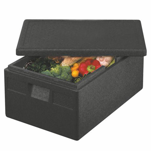 Ein teilweise geöffneter Starpak Isolier-Transportbehälter, EPP 68,5 x 48,5 x 36 cm schwarz "Euro-Norm", zeigt im Inneren verschiedene Gemüsesorten wie Brokkoli, rote Paprika, Mais und Tomaten.