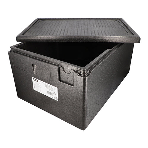Abgebildet ist ein schwarzer Starpak Isolier-Transportbehälter aus EPP (68,5 x 48,5 x 36 cm), Euro-Norm, mit teilweise geöffnetem Deckel und geräumigem Innenraum. Auf der Vorderseite befindet sich ein Produktetikett. Packung: 1 Stück.