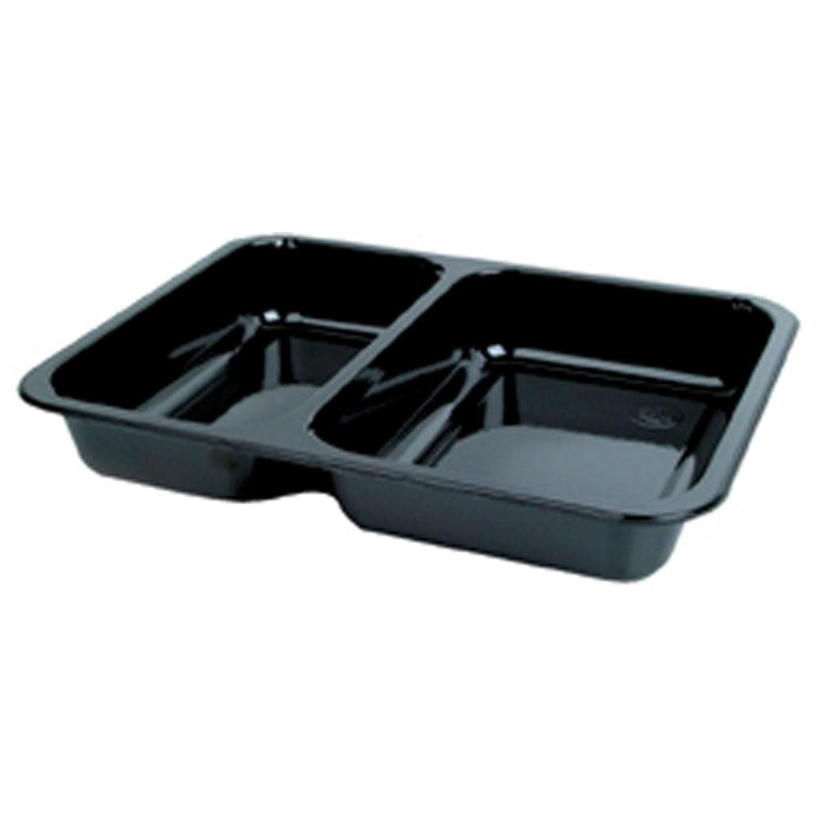 Die CPET-Schale 2 Schwarz CPET 225x175x35 von Duni GmbH ist eine schwarze, rechteckige Lebensmittelschale mit zwei Fächern, ideal für die Gastronomie oder den Lebensmitteltransport. Abgebildet auf einfarbig weißem Hintergrund. Packung: 250 Stück.