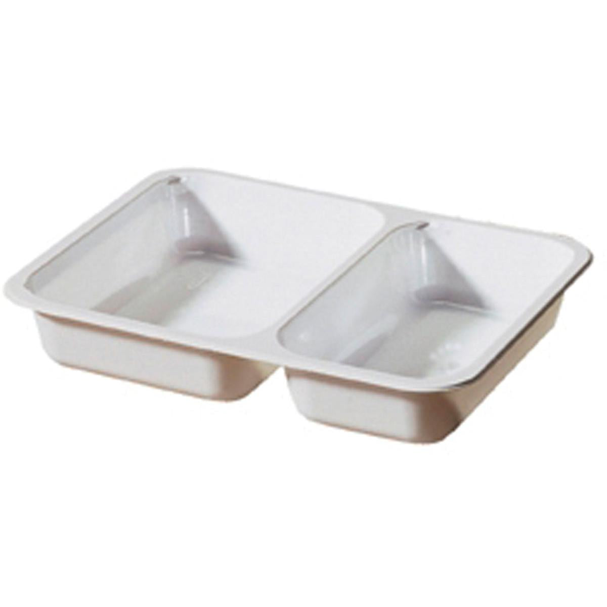 Die CPET-Schale 2 Weiß CPET 225x175x35 von Duni GmbH ist eine weiße, rechteckige Lebensmittelverpackung mit zwei Fächern - hitzebeständig und ideal zum Frischhalten sowie Organisieren von Speisen. Die Packung enthält 250 Stück.