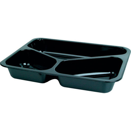 Die Duni GmbH CPET-Schale 3 Schwarz (225x175x34mm, Packung 250 Stück) ist eine schwarze CPET-Lebensmittelschale mit drei Fächern, ideal als Lebensmittelverpackung und mikrowellenfest zum einfachen Aufwärmen von Speisen oder zum Mitnehmen.