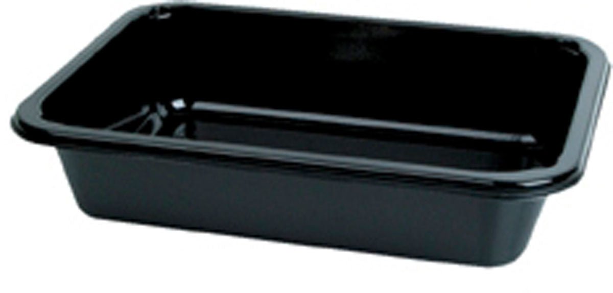 A rectangular CPET tray Take-Away small Black from Duni GmbH, black with rounded corners and slightly raised sides, viewed at an angle against a white background.