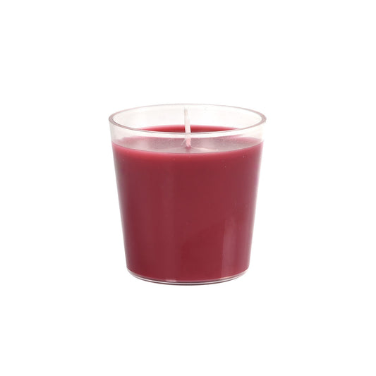 Ein kleiner, klarer Glasbehälter enthält eine tiefrote Nachfüller Switch & Shine Kerze der Duni GmbH (ca. 30h 65x65mm), mit einem einzelnen weißen Docht und extra langer Brenndauer, dargestellt vor einem schlichten weißen Hintergrund.