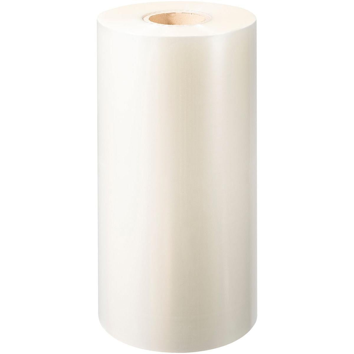 A large, upright standing roll of Duni GmbH PP sealing film Antifog with a cardboard core, ideal for food packaging, is presented against a plain white background.