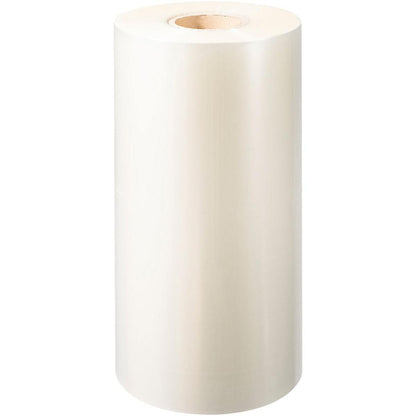 A large, upright standing roll of Duni GmbH PP sealing film Antifog with a cardboard core, ideal for food packaging, is presented against a plain white background.