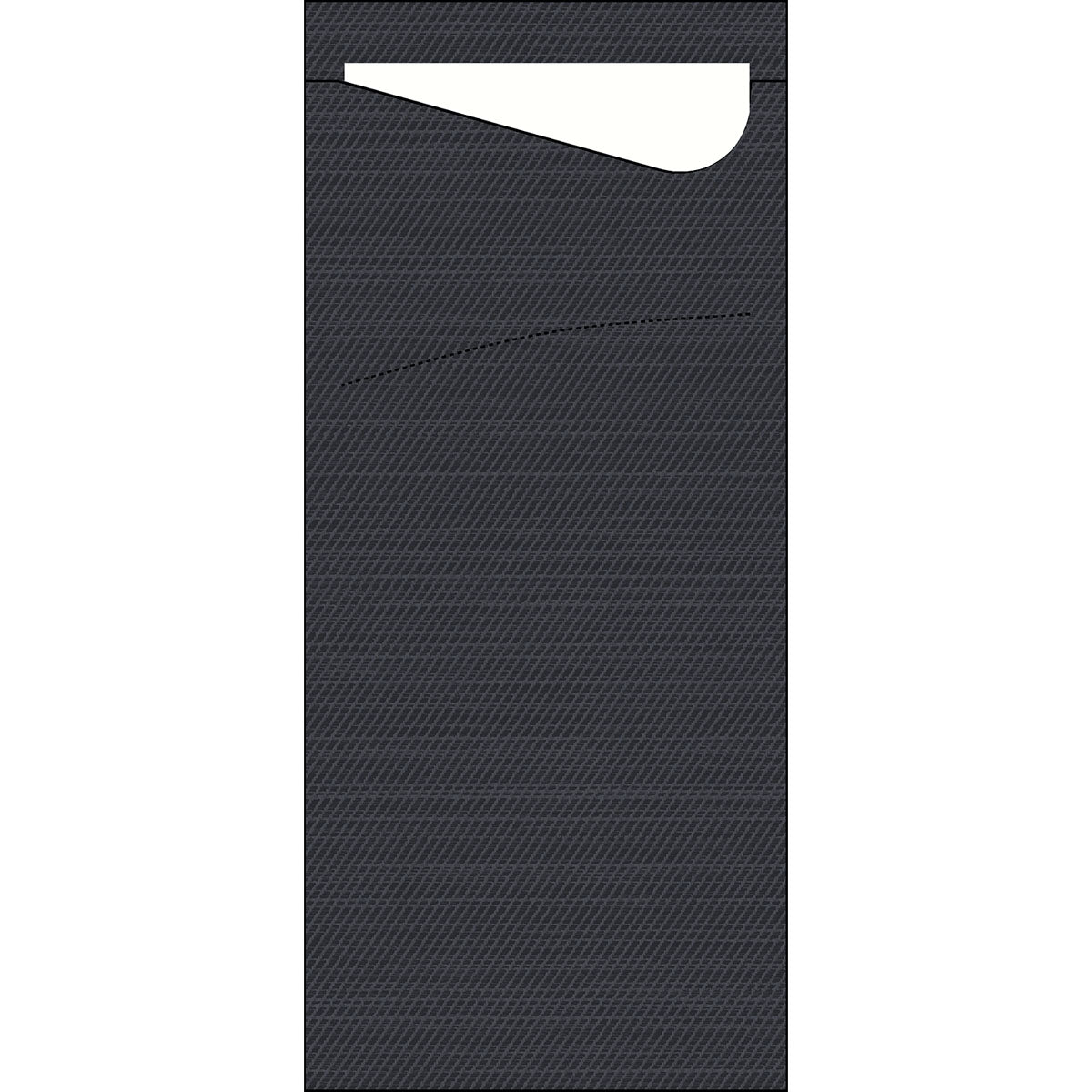 Das Sacchetto Zelltuch 190 x 85 mm von Duni GmbH ist ein schwarzer, strukturierter Umschlag mit einer diagonalen Klappe, die teilweise geöffnet ist und ein weißes Blatt im Inneren freigibt.