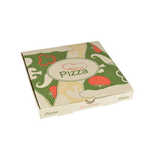 Die PAPSTAR 100 Pizzakartons, Cellulose „pure“ eckig der PAPSTAR GmbH sind geschlossene Kartons (24 x 24 cm) aus reiner Zellulose mit grün/beigem abstraktem Muster, roten Akzenten und dem Aufdruck „Pizza“ oben und seitlich.