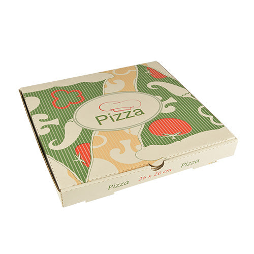Die PAPSTAR 100 Pizzakartons der PAPSTAR GmbH sind quadratische, umweltfreundliche Kartons aus reiner Zellulose mit den Maßen 26x26 cm. Sie sind mit farbenfrohen Pizza-Grafiken in Grün, Orange und Rot sowie dem Aufdruck „Pizza“ auf der Oberseite und den Seiten versehen.