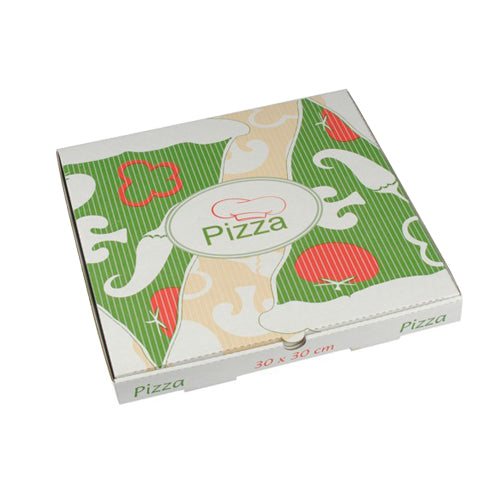 Der PAPSTAR 100 Pizzakartons, Cellulose "pure" eckig der PAPSTAR GmbH ist ein geschlossener, quadratischer Karton (30 x 30 cm) mit grün-beigen und roten Tomaten- und Pilzmotiven sowie dem Aufdruck „Pizza“ in der Mitte. Hergestellt aus umweltfreundlicher reiner Zellulose.