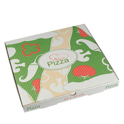 Abgebildet ist ein geschlossener PAPSTAR 100 Pizzakarton der PAPSTAR GmbH aus reiner Zellulose im bunten Veggie-Design in Grün, Rot und Beige mit dem Schriftzug „Pizza“ auf Deckel und Seite; die Maße betragen 33 x 33 cm.