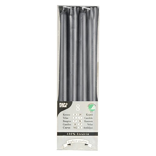 A box of 8 PAPSTAR taper candles (Ø 2.2 cm, 25 cm) from PAPSTAR GmbH made of 100% stearin, arranged vertically and visible through a transparent front; the packaging states "long burning time" and "highest quality".