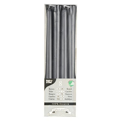 A box of 8 PAPSTAR taper candles (Ø 2.2 cm, 25 cm) from PAPSTAR GmbH made of 100% stearin, arranged vertically and visible through a transparent front; the packaging states "long burning time" and "highest quality".