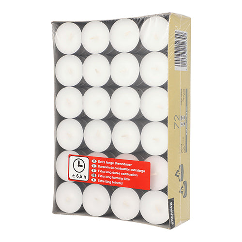 Ein rechteckiger Starpak Papptray enthält 72 weiße Teelichter (Ø 39 mm, 17,5 mm), jedes mit einer langen Brenndauer von 6,5 h, wie durch das Verpackungs- und Uhrensymbol hervorgehoben.