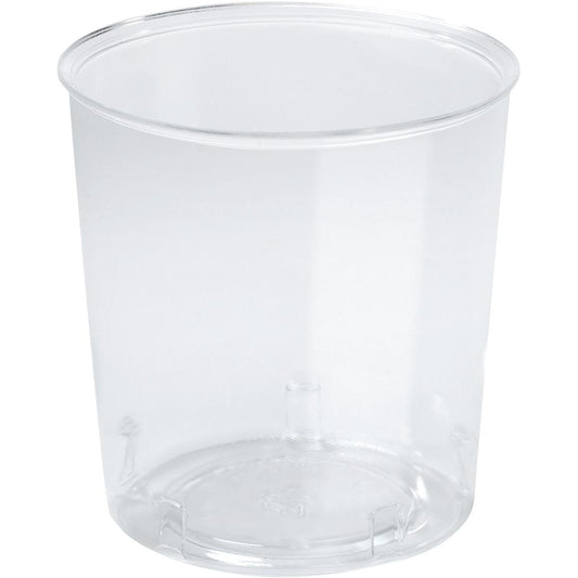 Ein transparenter Glas Trend PS Becher der Duni GmbH mit glatten Seiten und einem leicht abgerundeten Rand, leer vor einem schlichten weißen Hintergrund fotografiert.