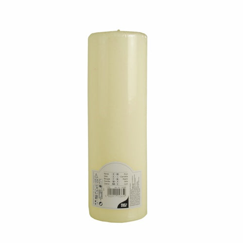 A PAPSTAR pillar candle with a flat head Ø 80 mm in ivory from PAPSTAR GmbH stands upright, with a label at the bottom, photographed against a white background.