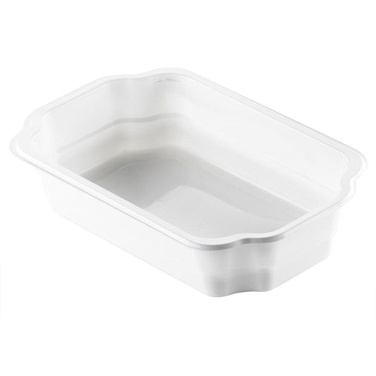 Die Duni GmbH PP-Schale Take-Away Weiß PP 250x159 ist ein weißer rechteckiger Lebensmittelbehälter mit leicht gewölbten Seiten und geringer Tiefe, ideal für Take-Away-Verpackungen, abgebildet auf einem schlichten weißen Hintergrund.