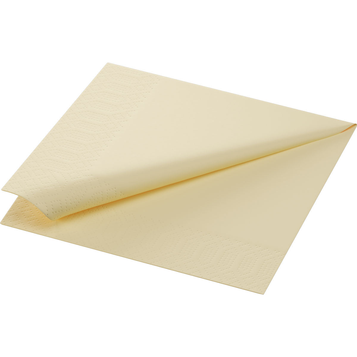 Eine einzelne cremefarbene Zelltuchserviette 33 x 33 cm, 3-lagig, aus der 50er-Packung der Duni GmbH ist teilweise entfaltet auf weißem Hintergrund abgebildet und weist ein dezentes, geprägtes Randmuster auf.