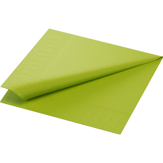 Eine einzelne kiwigrüne Zelltuchserviette (33 x 33 cm, 3-lagig, 1/4-Faltung) der Duni GmbH liegt aufgefaltet auf einer weißen Fläche, eine Ecke ist angehoben, um die Dicke und Struktur der Serviette zu zeigen. Die Packung enthält 50 Stück.