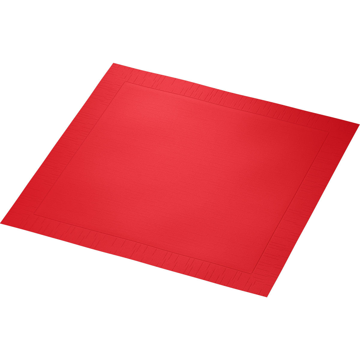 Eine rote Duni GmbH Klassikservietten Papierserviette, 40 x 40 cm, 4-lagig, geprägt mit einer dezenten Bordüre und 1/4 Falz, flach auf weißem Hintergrund abgebildet.