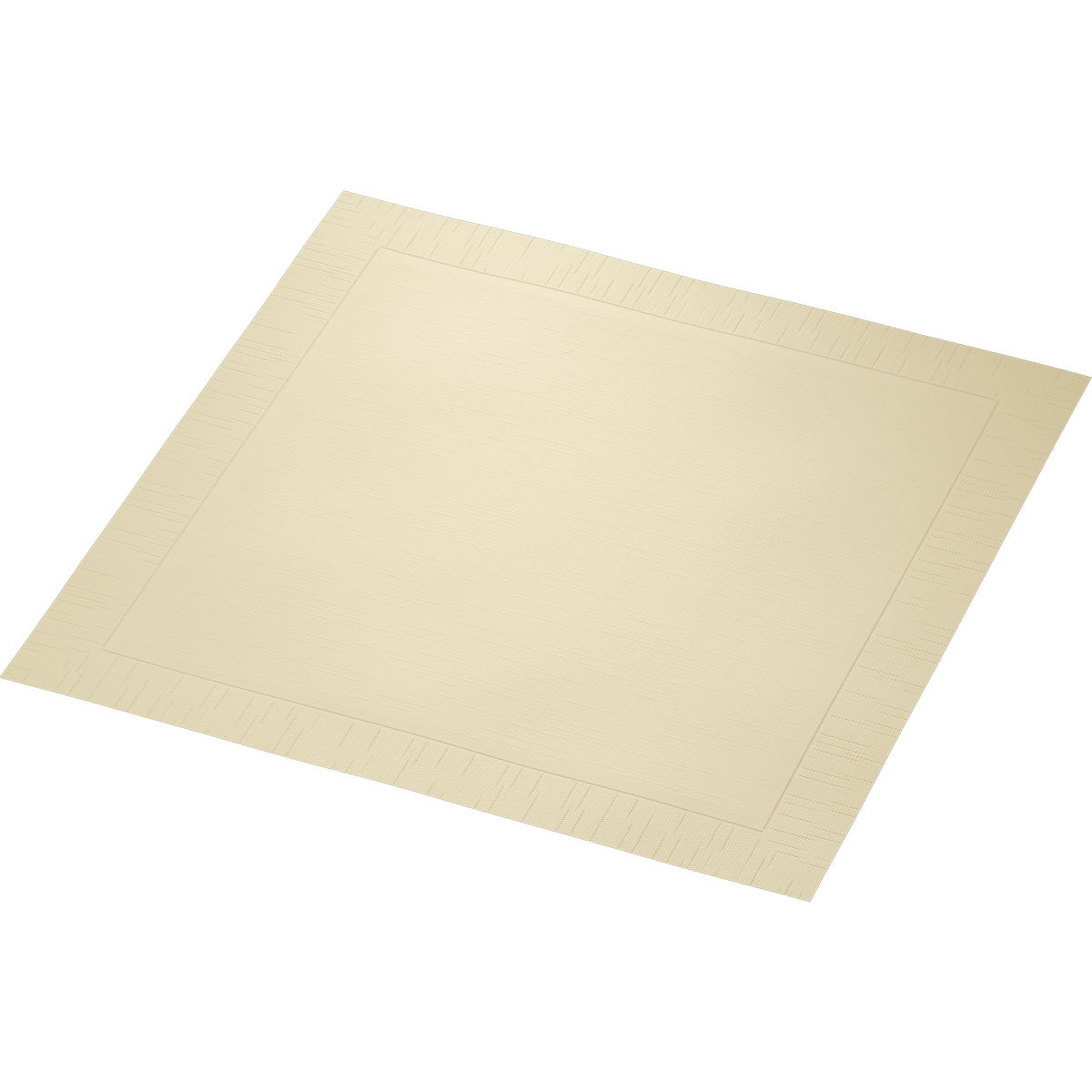 Abgebildet ist eine cremefarbene Duni GmbH Klassikservietten 40 x 40 cm, 4-lagig, geprägt 1/4 Falz Papierserviette mit dezent strukturiertem Rand auf weißem Hintergrund.