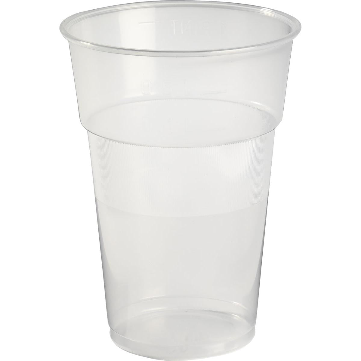 Ein klares, leeres Bierglas Transparent PP aus der Packung Bierglas FESTIVAL der Duni GmbH ist vor einem weißen Hintergrund abgebildet. Das bruchsichere Glas hat einen etwas breiteren Rand als Boden mit horizontalen Messlinien - ideal für jedes Fest.