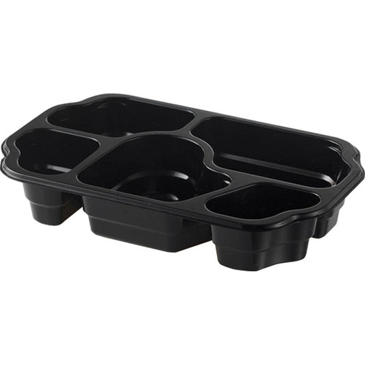Die Duni GmbH PP-Schale Take-Away 5 Schwarz PP 250x159x46 eignet sich mit ihren fünf separaten Fächern ideal zum Servieren von verschiedenen Take-Away-Gerichten in der Gastronomie; erhältlich in Packungen zu 240 Stück.