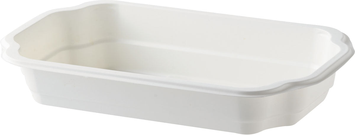 Die Duni GmbH PP-Schale Take-Away Weiß PP 250x159 ist ein rechteckiger, weißer Lebensmittelbehälter mit leicht erhabenem, gebördeltem Rand, leer auf weißem Hintergrund abgebildet.