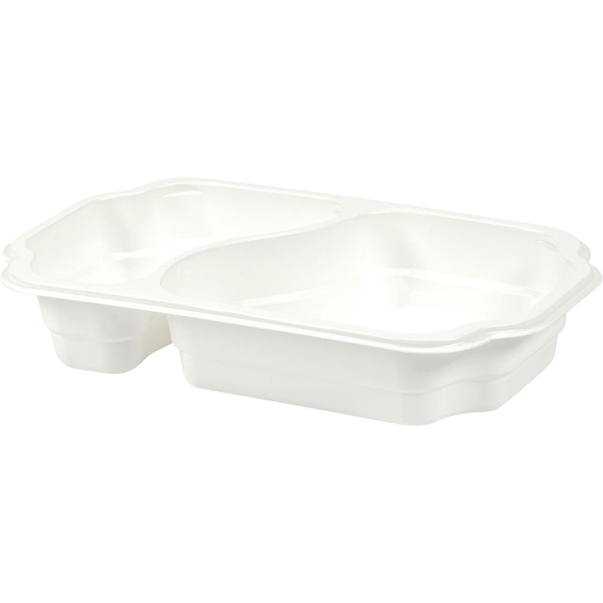 Die weiße PP-Schale Take-Away 2 von Duni GmbH (250x159x45 mm, Packung à 246 Stück) aus lebensmittelechtem Kunststoff hat drei separate Fächer und eignet sich ideal zum Servieren verschiedener Speisen ohne Vermischen.