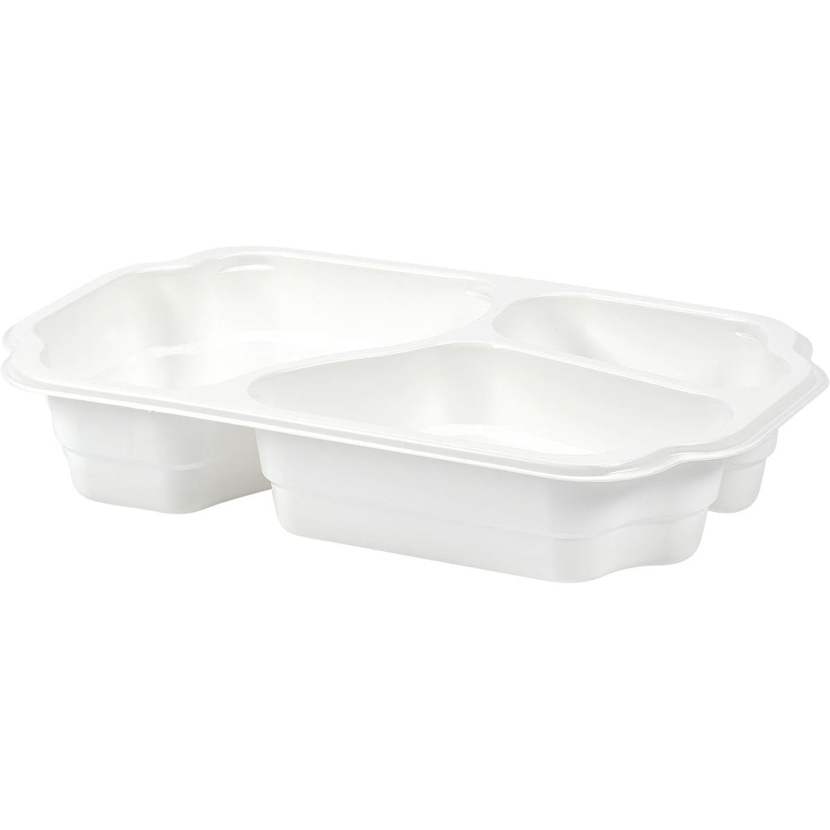 Die Duni GmbH PP-Schale Take-Away 3 Weiß PP 250x159x48 verfügt über drei Fächer, ideal für Speisen zum Mitnehmen in der Gastronomie. Abgebildet schräg vor einfarbigem Hintergrund. Packung: 246 Stück.