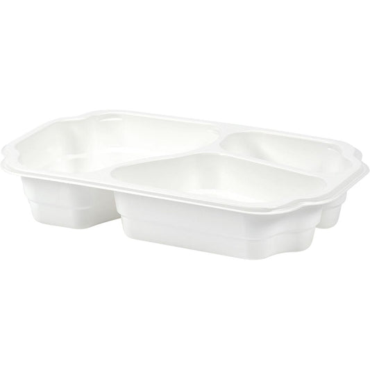 Die Duni GmbH PP-Schale Take-Away 3 Weiß PP 250x159x48 verfügt über drei Fächer, ideal für Speisen zum Mitnehmen in der Gastronomie. Abgebildet schräg vor einfarbigem Hintergrund. Packung: 246 Stück.