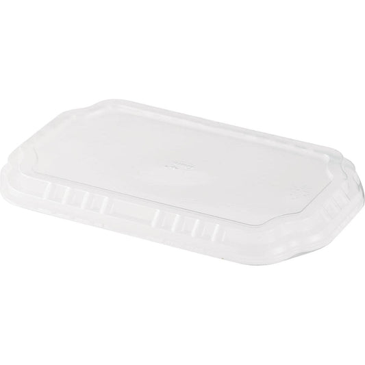 Der Duni GmbH Deckel für PP-Schalen Take-Away Transparent APET 256x163x12, flach auf weißem Hintergrund abgebildet, hat leicht erhöhte Kanten und passt auf den passenden Behälterboden. Verkauft in Packungen zu 246 Stück.