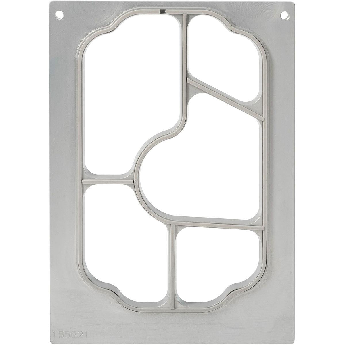A rectangular metal plate with rounded corners and holes in the upper corner, similar to the "cassette for PP trays Take Away 85-290 ml, 5-fold" from Duni GmbH, is divided into different areas by curved and straight sections.