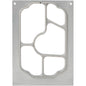 A rectangular metal plate with rounded corners and holes in the upper corner, similar to the "cassette for PP trays Take Away 85-290 ml, 5-fold" from Duni GmbH, is divided into different areas by curved and straight sections.