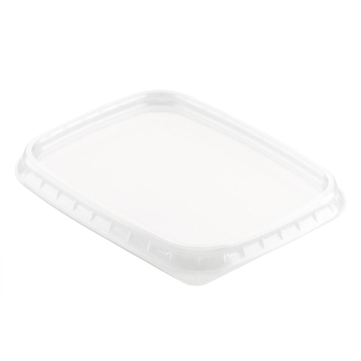Ein klarer, rechteckiger Deckel für 156427 / 156428 Transparent PP 108x82 von Duni GmbH mit leicht erhabenen Kanten und einem geriffelten Design steht auf einem schlichten weißen Hintergrund. Die Packung enthält 50 Stück.
