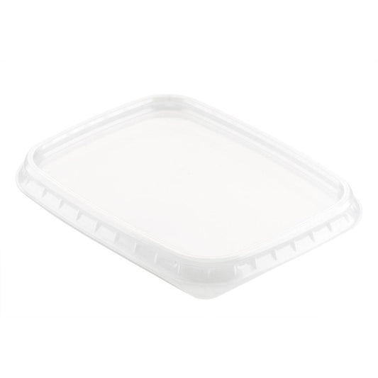 Ein klarer, rechteckiger Deckel für 156427 / 156428 Transparent PP 108x82 von Duni GmbH mit leicht erhabenen Kanten und einem geriffelten Design steht auf einem schlichten weißen Hintergrund. Die Packung enthält 50 Stück.
