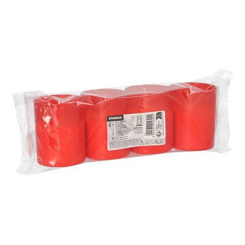 Eine Klarsichtverpackung der PAPSTAR GmbH enthält vier rote „Grablichte Stundenbrenner“ (Ø 5 cm × 6,5 cm) in Folie, passend für Friedhöfe oder Gedenkstätten; Produktinfo und Barcode befinden sich auf der Vorderseite.