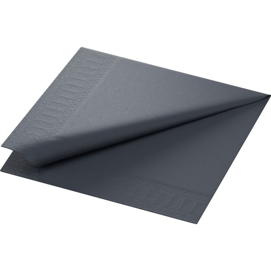 Eine Duni GmbH Zelltuchservietten 40 x 40 cm 3lagig 1/4 Falz in schwarz ist gefaltet abgebildet, darunter ist eine weitere Serviette teilweise sichtbar; die Servietten weisen an zwei Kanten eine dezente Randprägung auf. Packung: 250 Stück.