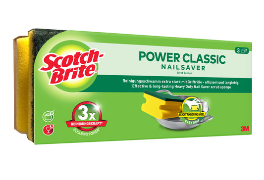 Eine 3M Deutschland GmbH Scotch-Brite® Classic Griffschwamm-Packung (3 Stück) mit gelb-grünen Schwämmen, auffälligem Branding und einem Text, der die effektive Reinigung und den Schutz der Nägel hervorhebt.