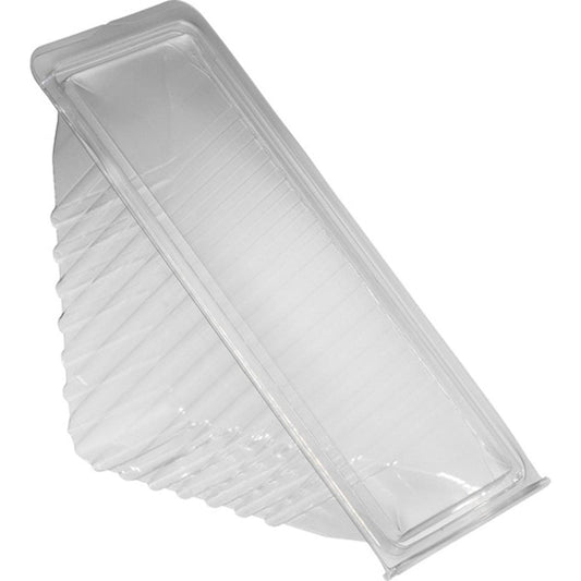 Die transparente rPET Sandwichbox, doppelt von Duni GmbH (160x65x85 mm, Packung à 500 Stück), aus recyceltem PET mit Klappdeckel, ist umweltfreundlich und wird schräg auf weißem Hintergrund präsentiert.
