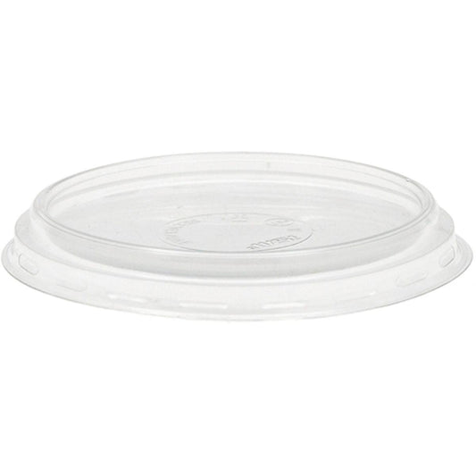 Abgebildet ist ein transparenter, flacher APET Deckel der Duni GmbH für 153397/153398. Dieser flache Deckel (geschlossen), Packung à 50 Stück, ist ideal für Lebensmittelverpackungen oder zum Abdecken von Einwegbechern und -behältern.