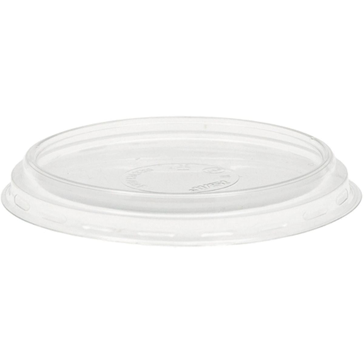 The transparent APET lid for 157176 from Duni GmbH (100x100x10 mm, pack of 50 pieces) is round and flat with a raised edge and indented center. There is no straw hole and no visible opening. Pictured on a white background.