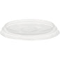 The transparent APET lid for 157176 from Duni GmbH (100x100x10 mm, pack of 50 pieces) is round and flat with a raised edge and indented center. There is no straw hole and no visible opening. Pictured on a white background.