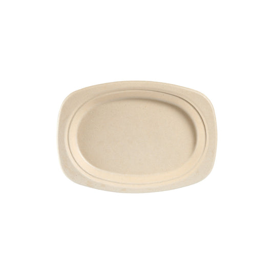Ein ovaler, brauner Bagasseteller (ø 22 cm) der Duni GmbH, dargestellt von oben auf weißem Hintergrund. Dieser umweltfreundliche Einwegteller im 50er-Pack ist sowohl stilvoll als auch nachhaltig.
