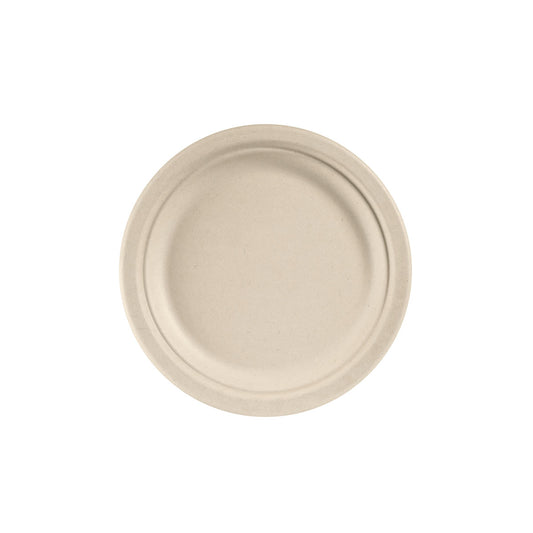 Abgebildet ist ein runder, brauner Teller ø 22 cm aus Bagasse von Duni GmbH (Packung mit 50 Stück) in der Draufsicht auf weißem Hintergrund.